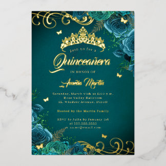 Elegante Aquamarine Rose Swirl Gold Quinceanera Folieneinladung