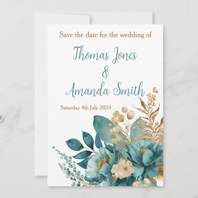 Elegante Aquamarine und goldene florale Save the D Save The Date (Vorderseite)