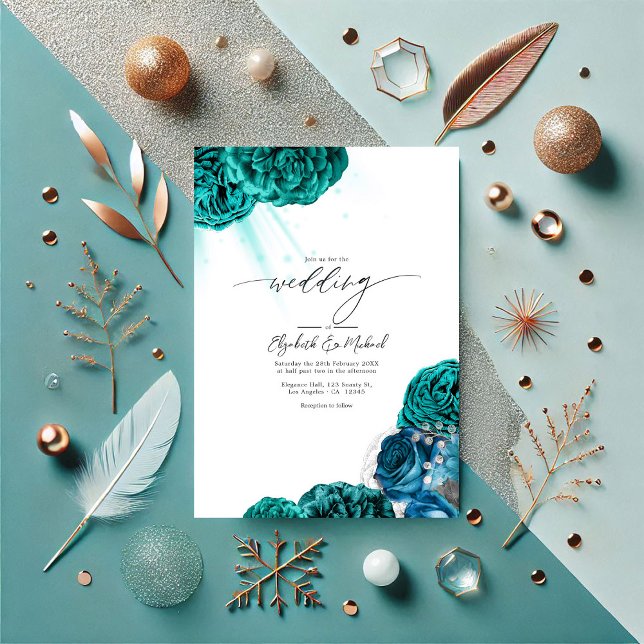 Elegante Aquamarine und silberfarbene Hochzeit Einladung (Elegant Teal and Silver Floral Wedding Invitation)