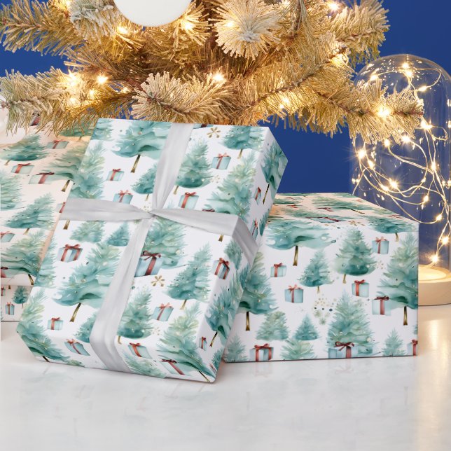 Elegante Aquamarine Wasserfarben Weihnachtsbäume m Geschenkpapier (Feiertage)