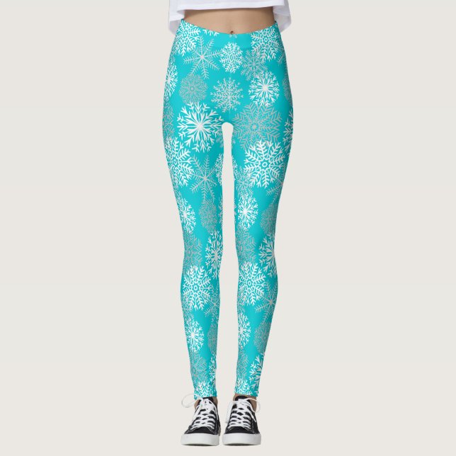 Elegante Aquamarine Winterschneeflocken Weihnachte Leggings (Vorderseite)