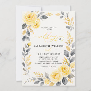 Elegante Aquarell-Blumen-Hochzeit in Gelb und Grau Einladung