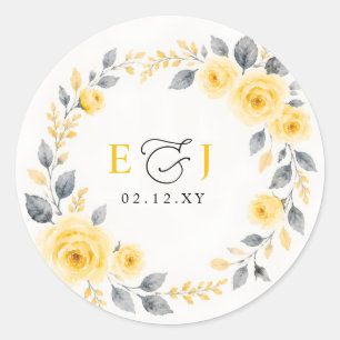 Elegante Aquarell-Blumen-Hochzeit in Gelb und Grau Runder Aufkleber