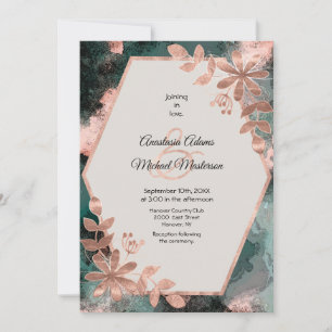 Elegante Aquarell-Blumen-Kupfer-Rosa-Teal-Hochzeit Einladung