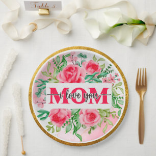 Elegante Aquarell-Blumen "MAMA ich liebe Dich" Mut Pappteller
