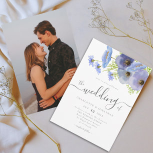Elegante Aquarell Boho Floral Blau Foto Hochzeit Einladung