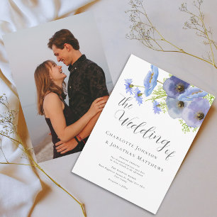 Elegante Aquarell Boho Floral Blau Foto Hochzeit Einladung