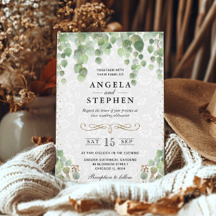 Elegante Aquarell-Eukalyptus- und Gold-Hochzeit Einladung