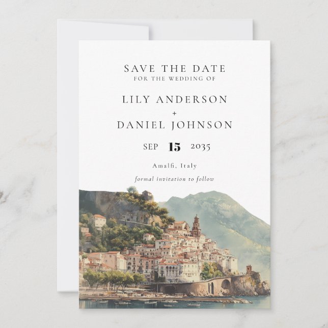 Elegante Aquarell-Hochzeit Amalfi Italien Save The Date (Vorderseite)
