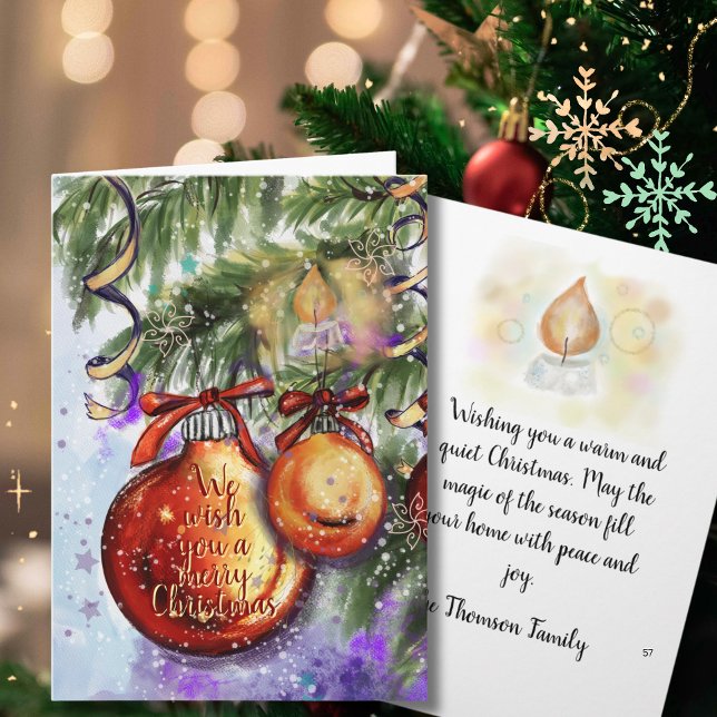 Elegante Aquarell-Kerze und Weihnachtsbaumschmuck Feiertagskarte (Elegant Watercolor Candle & Ornaments Christmas Holiday Card)