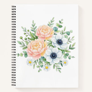 Elegante Aquarell-Pfingstrose und weiße Anemone Bl Notizbuch