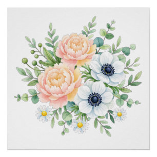 Elegante Aquarell-Pfingstrose und weiße Anemone Bl Poster