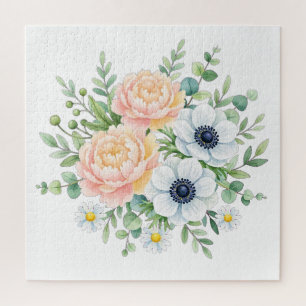 Elegante Aquarell-Pfingstrose und weiße Anemone Bl Puzzle