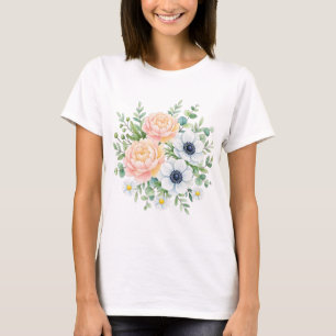 Elegante Aquarell-Pfingstrose und weiße Anemone Bl T-Shirt