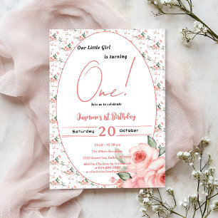 Elegante Aquarell-Rosa-Rose Mädchen 1. Geburtstag Einladung