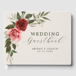 Elegante Aquarell-Rosa- und Rote Rosen-Hochzeit Gästebuch