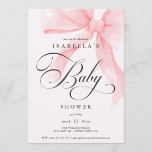 Elegante Aquarell-Rosafarbene Schleife Baby Shower Einladung