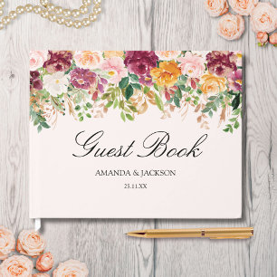 Elegante Aquarell-Rosengarten-Hochzeit Gästebuch