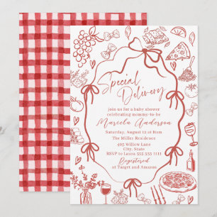 Elegante Aquarell-Rote-Pasta-Sonderlieferung-Baby Einladung