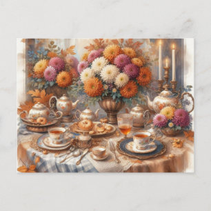 Elegante Aquarell-Teeparty im Herbst Postkarte