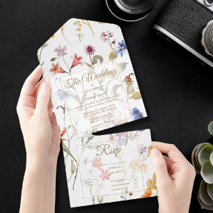 Elegante Aquarell-Wildblumen-Hochzeit All In One Einladung