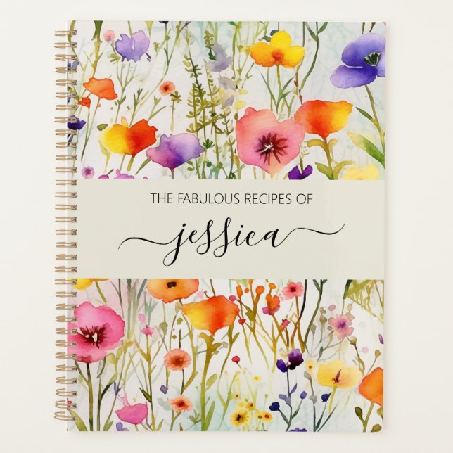 Elegante Aquarell-Wildblumen Skriptname Rezept Planer (Vorderseite)