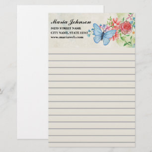 Elegante Aquarell-Wildblumen und blauer Schmetterl Briefpapier