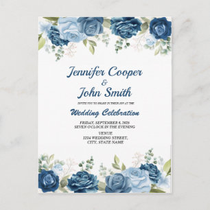 Elegante Aquarellblaue Rosen Florale Hochzeit Postkarte