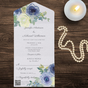 Elegante Aquarellblaue und elfenbeinfarbene Rosen All In One Einladung