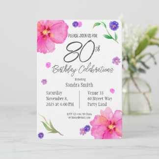 Elegante Aquarellblume 80. Geburtstagsfeier Einlad Einladung