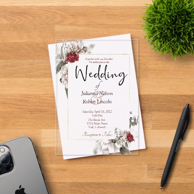 Elegante Aquarellblüte in Rot und Nebel Hochzeit Acryleinladungen (Insitu (Einladungskarte))