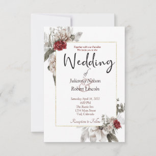 Elegante Aquarellblüte in Rot und Nebel Hochzeit Einladung