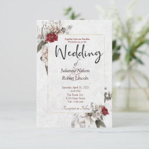 Elegante Aquarellblüte in Rot und Nebel Hochzeit Einladung