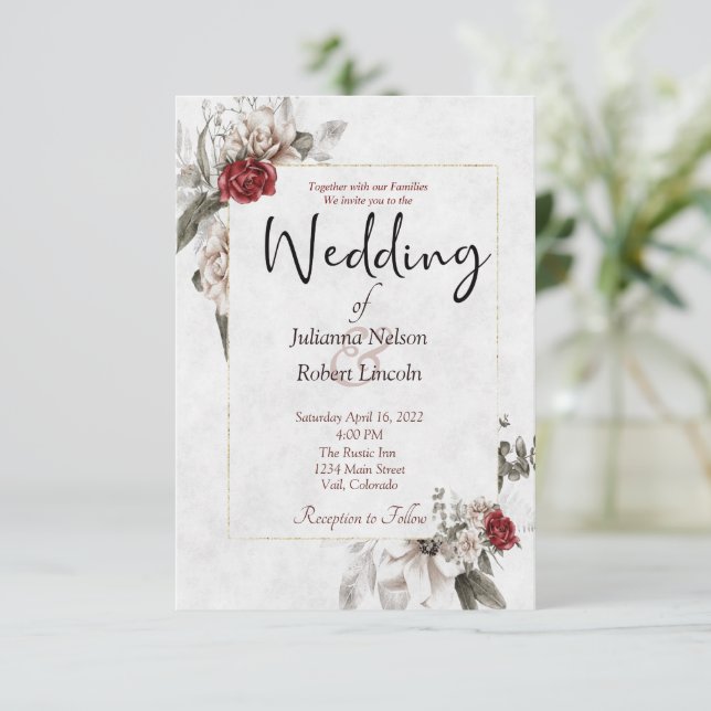 Elegante Aquarellblüte in Rot und Nebel Hochzeit Einladung (Stehend Vorderseite)