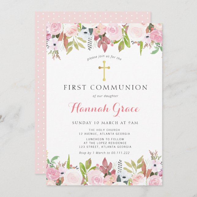 Elegante Aquarellblütenkommunion Einladung (Vorne/Hinten)