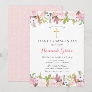Elegante Aquarellblütenkommunion Einladung