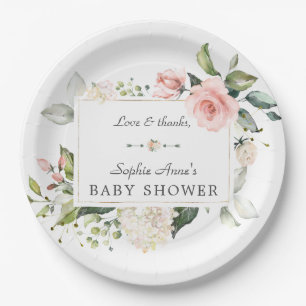 Elegante Aquarellfarbe Rosa Blume Kinderdusche Pappteller