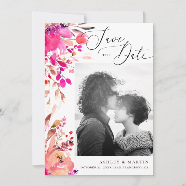 Elegante Aquarellfarbe Rosa Blütenfall Herbsthochz Save The Date (Vorderseite)