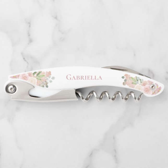 Elegante Aquarellfarbe Rosa Boho Name Hochzeit Kellnermesser (Vorderseite)