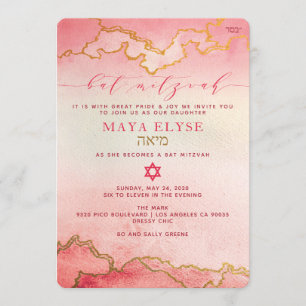 Elegante Aquarellfarbe Rosa Ombre Gold Bat Mitzvah Einladung