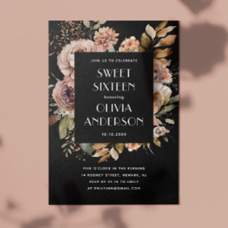 Elegante Aquarellfarbe schwarz Sweet 16 sechzehn Einladung