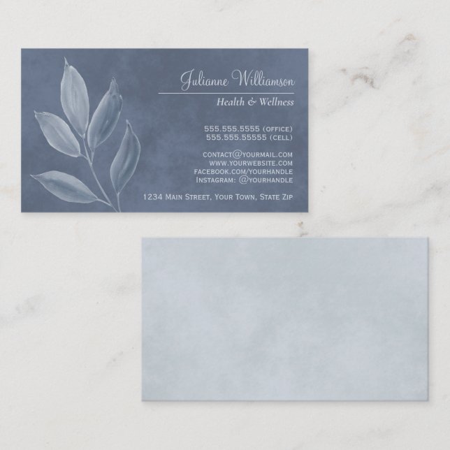 Elegante Aquarellfarben Blätter Dusty Blue & Pewte Visitenkarte (Vorne/Hinten)