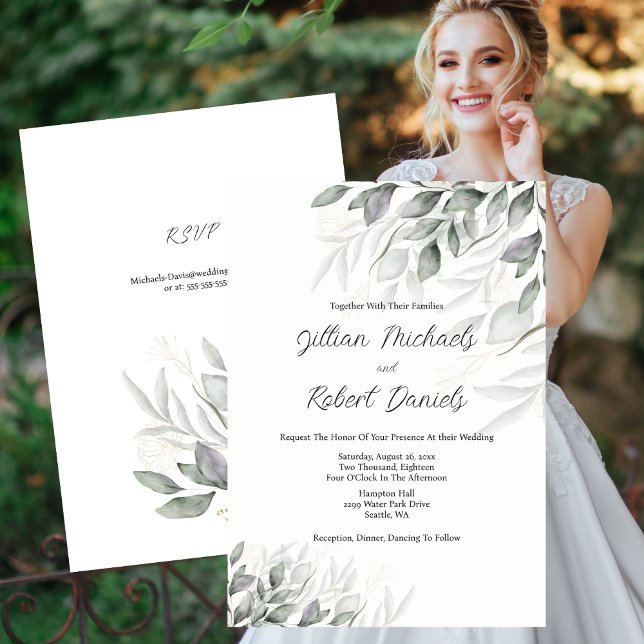 Elegante Aquarellfarben-Blätter Hochzeit mit UAWG Einladung (Elegant Watercolor Leaves Wedding with RSVP Invitation)
