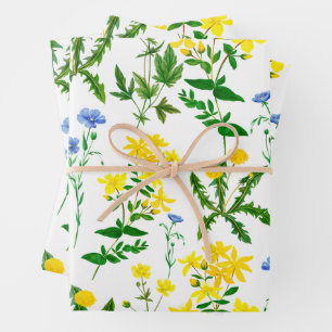 Elegante Aquarellfarben Blau und Gelb Wildblumen Geschenkpapier Set