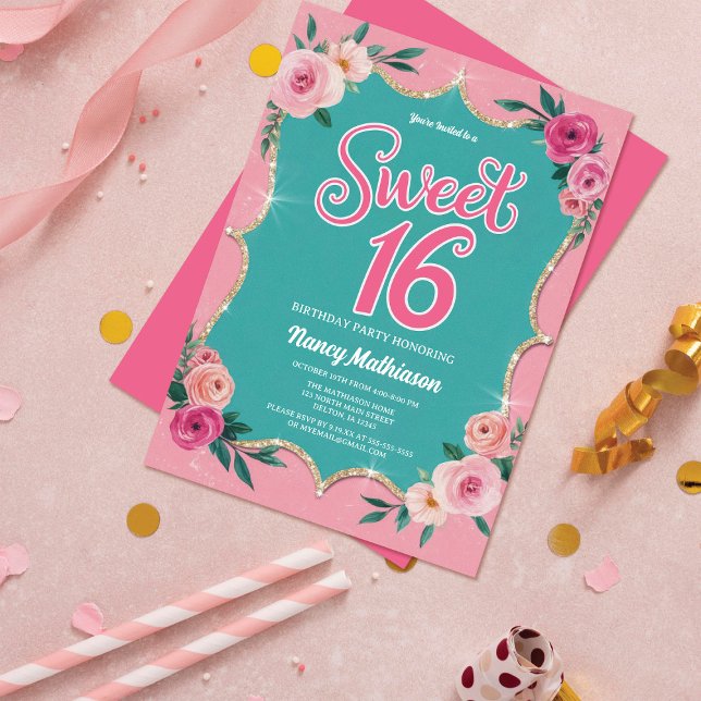 Elegante Aquarellfarben Blume Gold Sweet 16 Geburt Einladung (Von Creator hochgeladen)