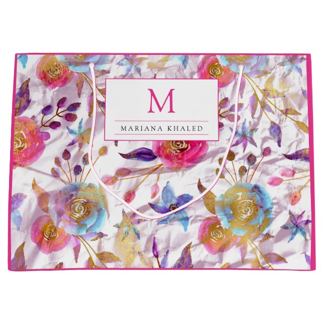 Elegante Aquarellfarben Blumen Rosa und Weiß Große Geschenktüte (Vorderseite)