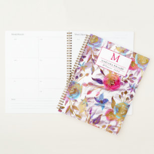 Elegante Aquarellfarben Blumen Rosa und Weiß Planer