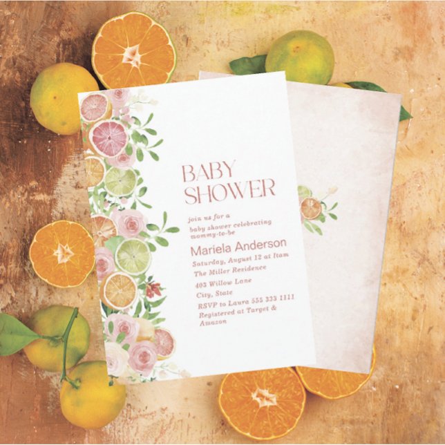 Elegante Aquarellfarben Citrus Pink Blume Kindersh Einladung (Von Creator hochgeladen)