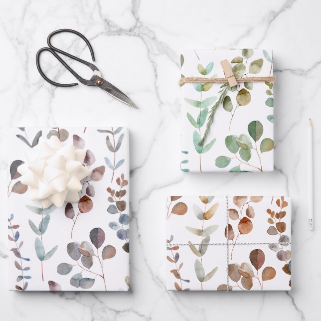 Elegante Aquarellfarben Eukalyptus-Blätter  Geschenkpapier Set (Vorderseite)