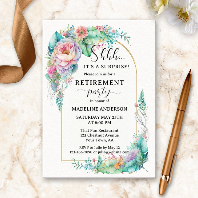 Elegante Aquarellfarben Gold-Rente Einladung (Retirement party invitation featuring an elegant design with colorful watercolor flowers on gold)
